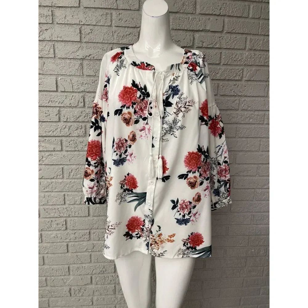 Sheilay Floral Print Long Sleeve Blouse Size L